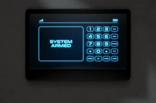 Alarm keypad showing the system armed