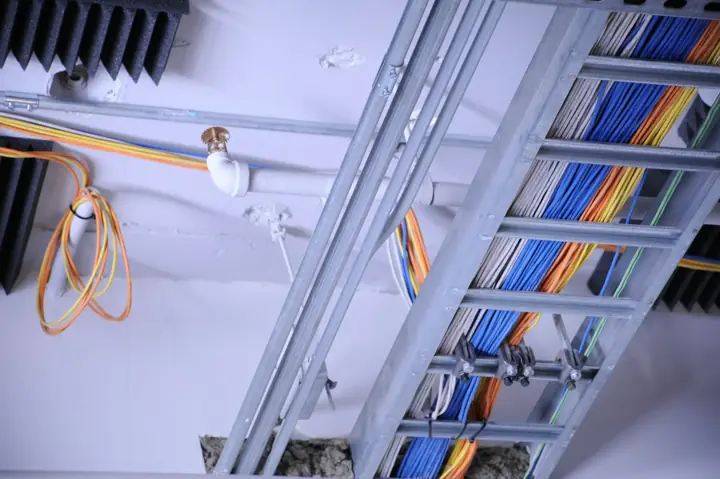 Organized data cables running through an overhead cable tray