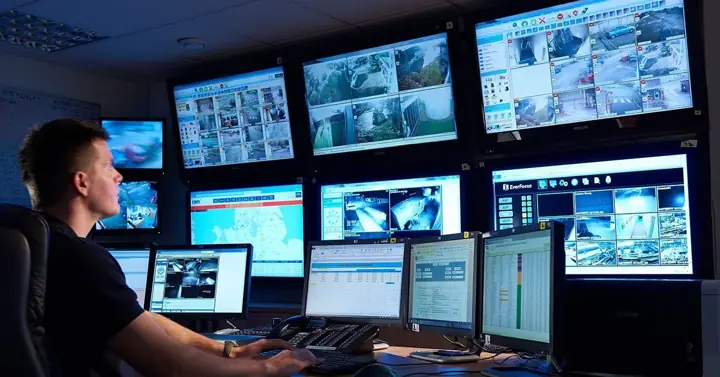 Operator reviewing security camera feeds on multiple monitors